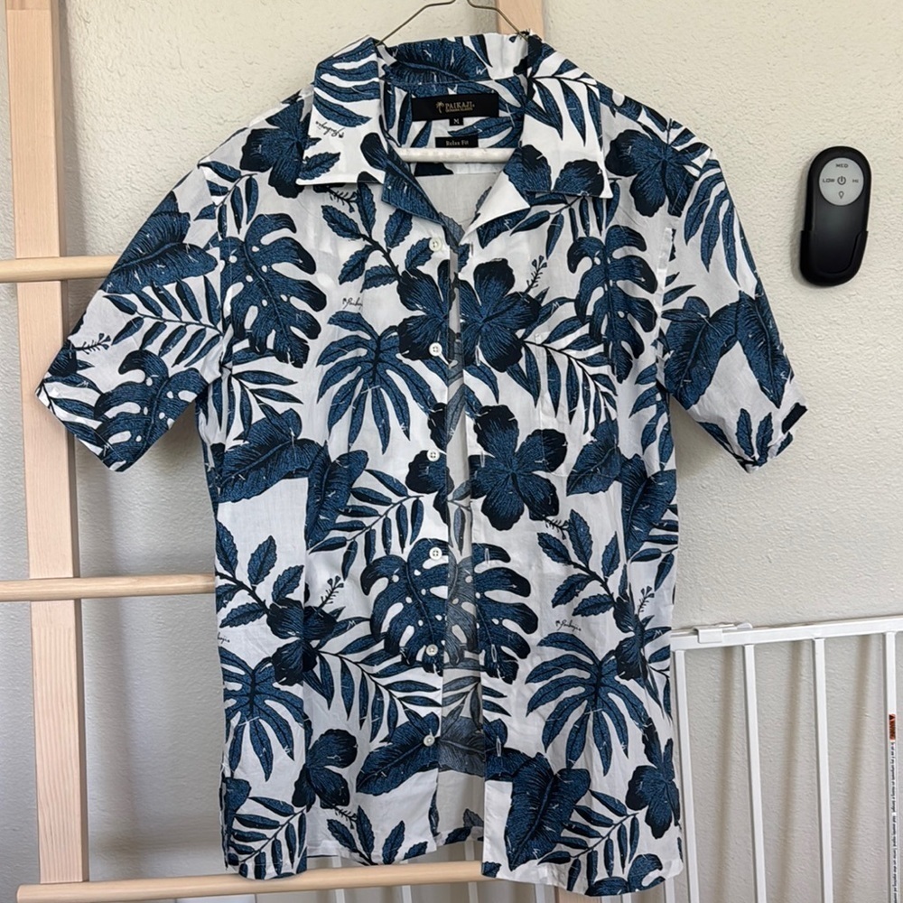 Blue and White Casual Button Down Shirt with Tropical Print